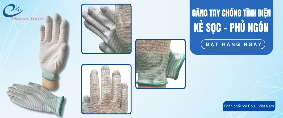 Găng Tay Chống Tĩnh Điện Sọc Kẻ Phủ PU Ngón